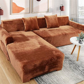 L Shape Velvet Plush Sofa Cover - Camel