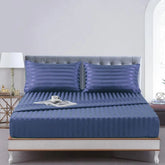 Cotton Sateen Stripe Fitted Sheet 3 Pcs - Navy Blue
