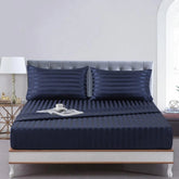 Cotton Sateen Stripe Fitted Sheet 3 Pcs - Indigo