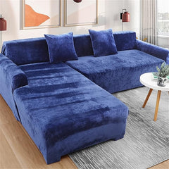 L Shape Velvet Plush Sofa Cover - Blue