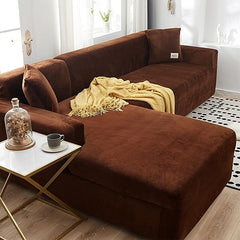 L Shape Velvet Plush Sofa Cover - Brown