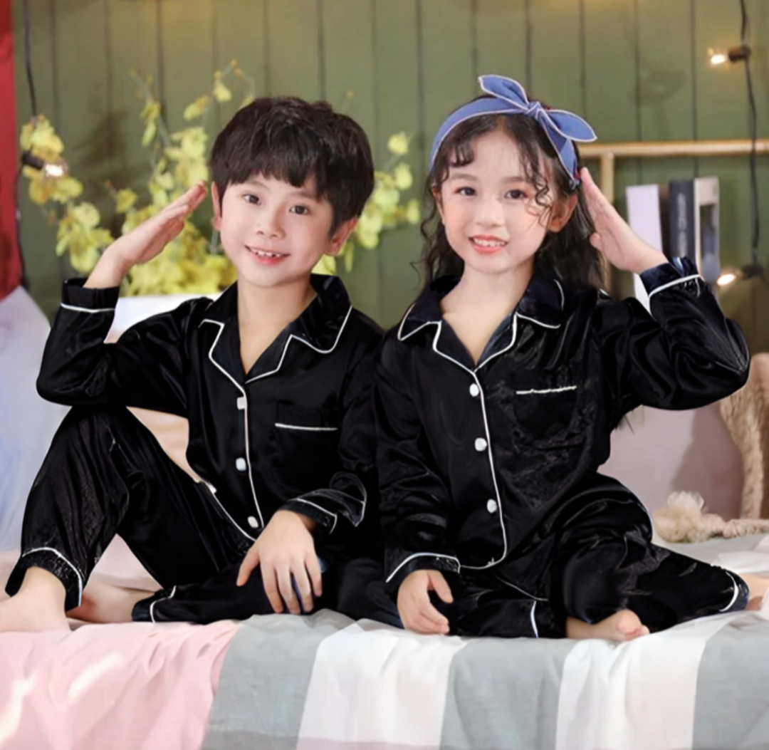 Kids Silk Night Suit- Black