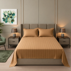 Cotton Sateen Stripe Bed Sheet 3 Pcs - Camel
