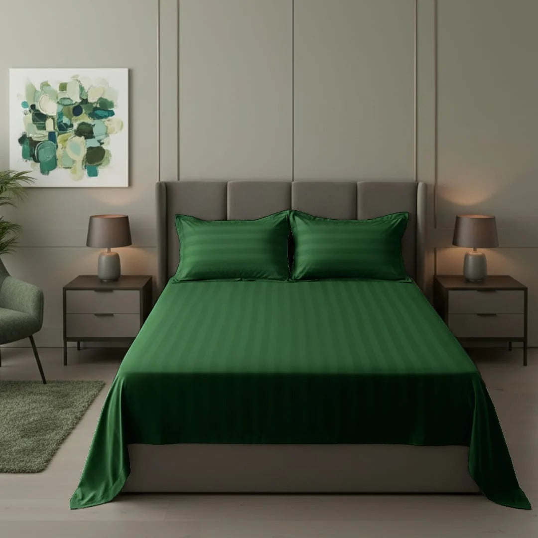 Cotton Sateen Stripe Bed Sheet 3 Pcs - Green