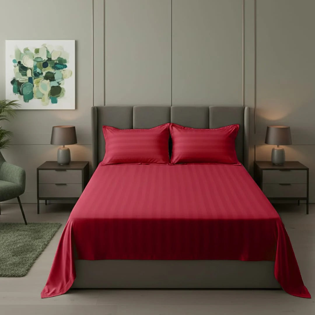 Cotton Sateen Stripe Bed Sheet 3 Pcs - Red