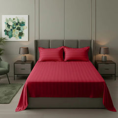 Cotton Sateen Stripe Bed Sheet 3 Pcs - Red