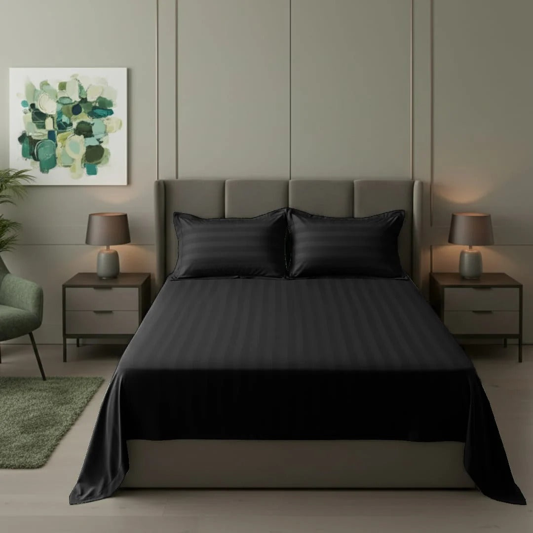 Cotton Sateen Stripe Bed Sheet 3 Pcs - Black