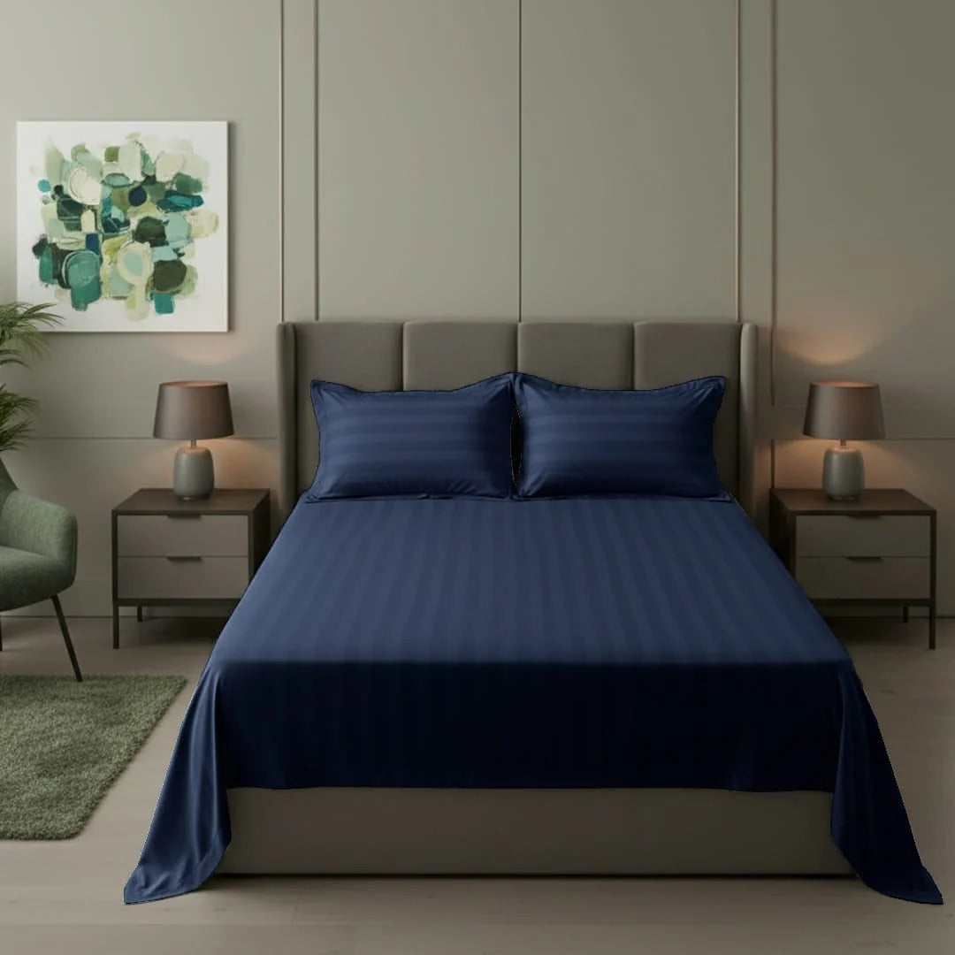 Cotton Sateen Stripe Bed Sheet 3 Pcs - Navy Blue