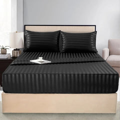 Cotton Sateen Stripe Fitted Sheet 3 Pcs - Black