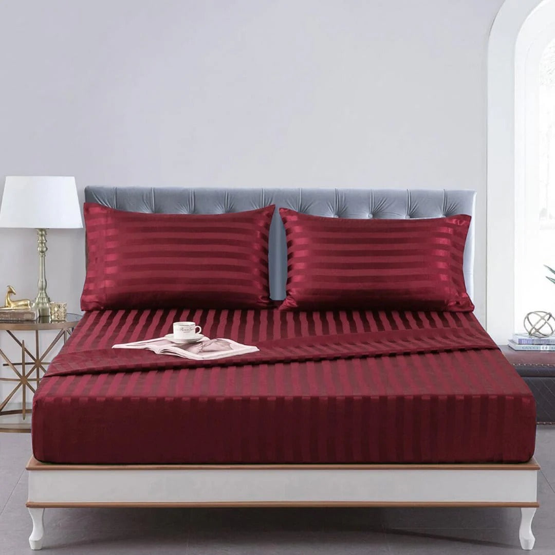 Cotton Sateen Stripe Fitted Sheet 3 Pcs - Red