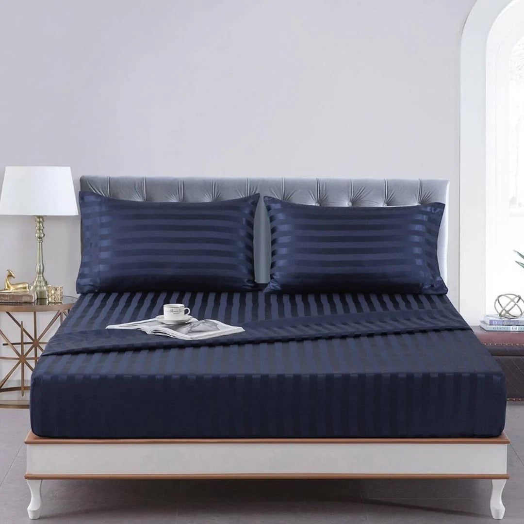 Cotton Sateen Stripe Fitted Sheet 3 Pcs - Indigo
