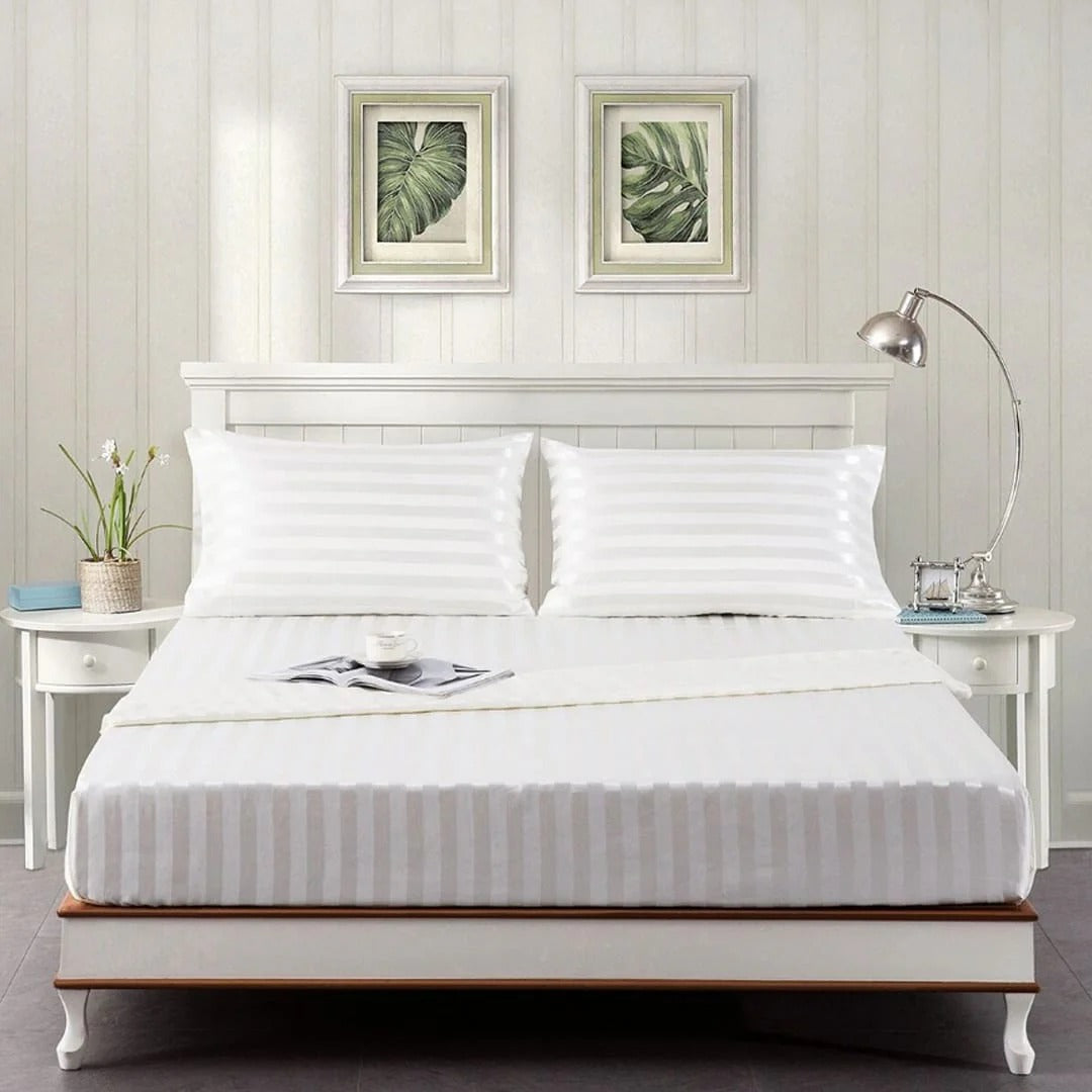 Cotton Sateen Stripe Fitted Sheet 3 Pcs - White