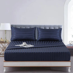 Cotton Sateen Stripe Fitted Sheet 3 Pcs - Indigo