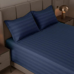 Cotton Sateen Stripe Bed Sheet 3 Pcs - Navy Blue