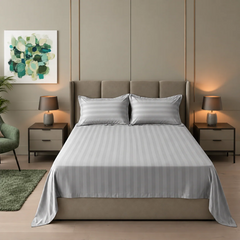 Cotton Sateen Stripe Bed Sheet 3 Pcs - Silver