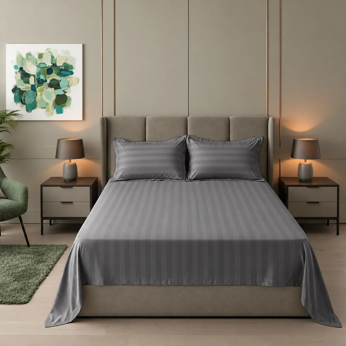 Cotton Sateen Stripe Bed Sheet 3 Pcs - Grey