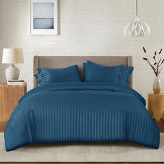 Cotton Satin Stripe Bed Sheet Set - 6 Pcs Set ( Navy Blue )