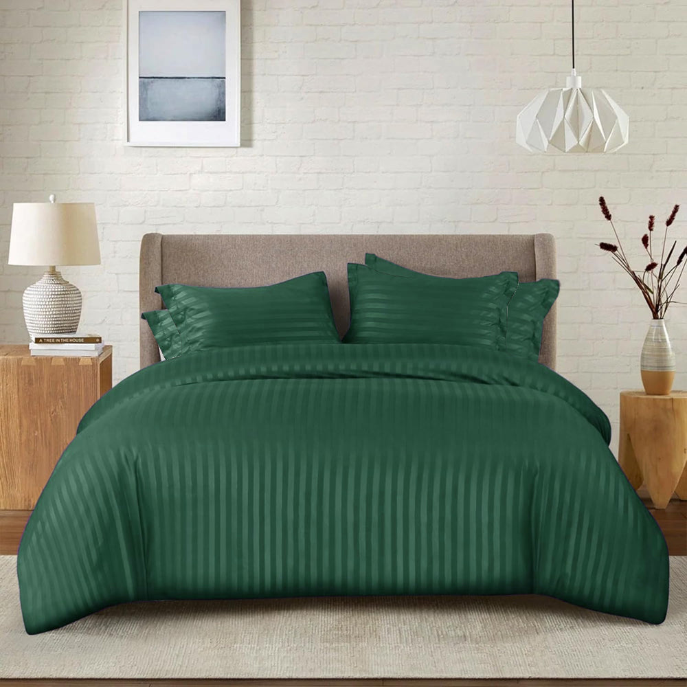 Cotton Satin Stripe Bed Sheet Set - 6 Pcs Set ( Emerald Green )