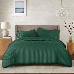 Cotton Satin Stripe Bed Sheet Set - 6 Pcs Set ( Emerald Green )