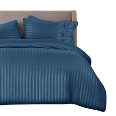 Cotton Satin Stripe Bed Sheet Set - 6 Pcs Set ( Navy Blue )